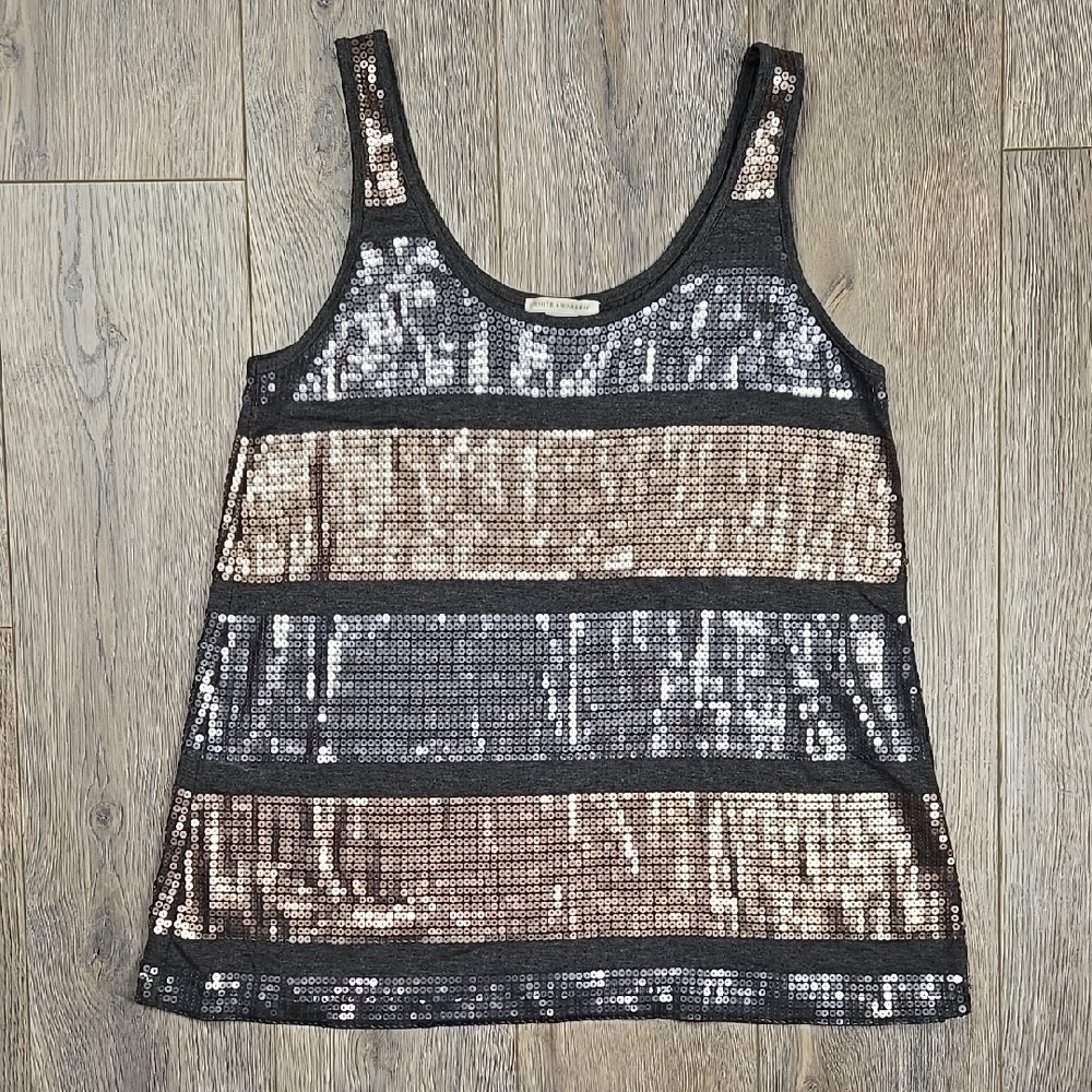 White + Warren Silver & Gold Sequin Scoop Neck Tank Top Glam Cocktail, Size M
